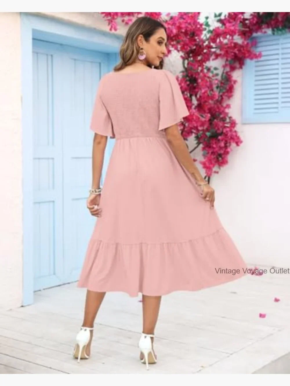 Smocked Empire Waist Midi Dress with Flutter Sleeves - Lightweight & Flowy - Picture 3 of 7